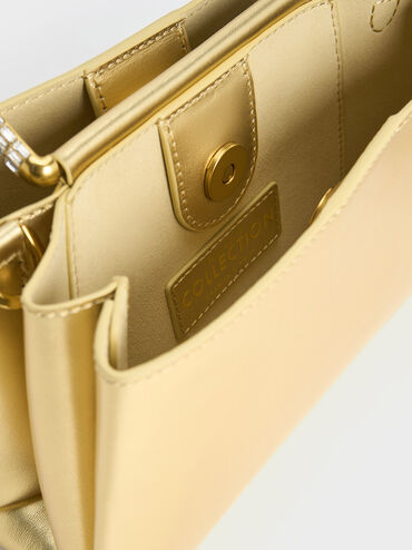 Metallic Leather Gem-Embellished Top Handle Bag, Gold, hi-res