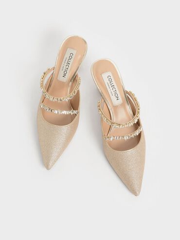 Wedding Collection: Gem-Encrusted Metallic Glittered Mules, Gold, hi-res
