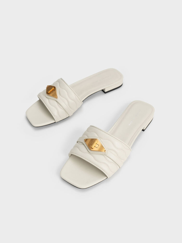 Metallic Buckle Textured Slides, Chalk, hi-res