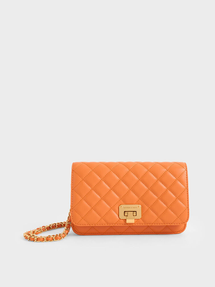 Push-Lock Chain Handle Clutch, Orange, hi-res