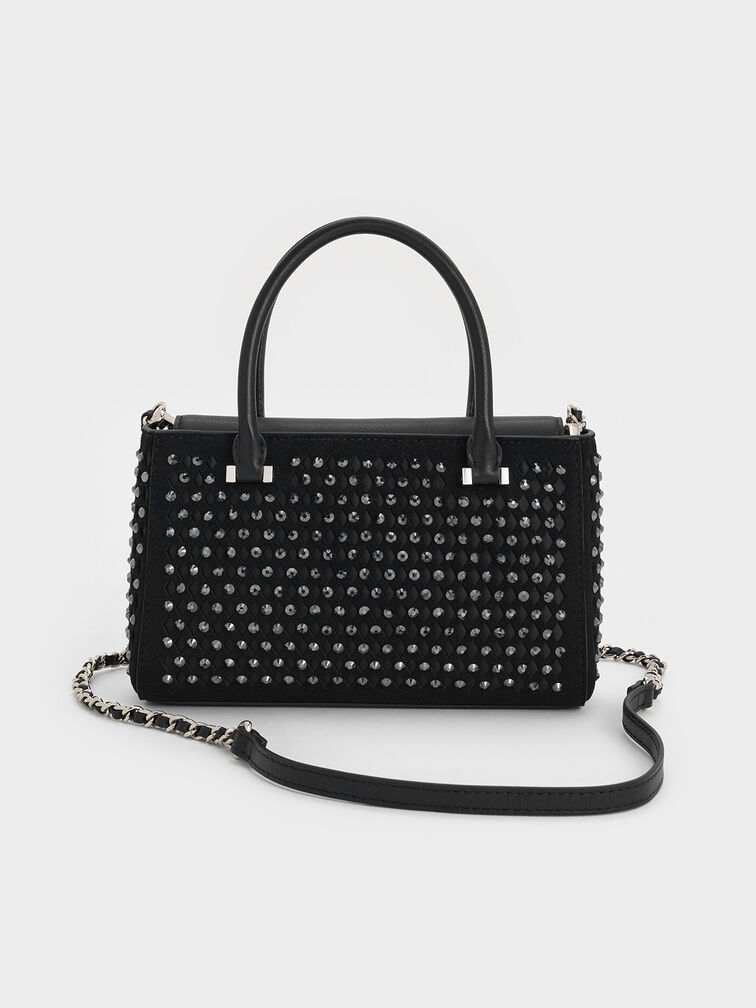 Suede & Leather Studded Cut-Out Tote Bag, Noir, hi-res
