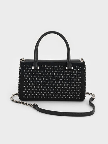 Suede & Leather Studded Cut-Out Tote Bag, Noir, hi-res