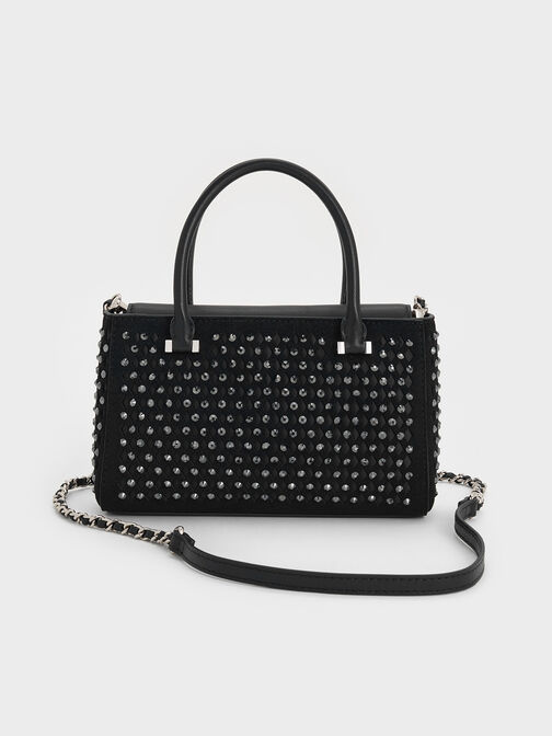 Suede & Leather Studded Cut-Out Tote Bag, Noir, hi-res