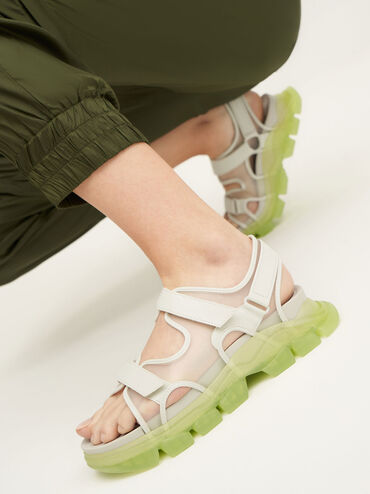 Coloured Translucent-Sole Chunky Sport Sandals, Green, hi-res