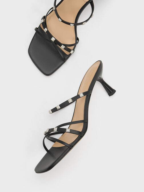 Square Crystal-Embellished Leather Heeled Mules, Black, hi-res