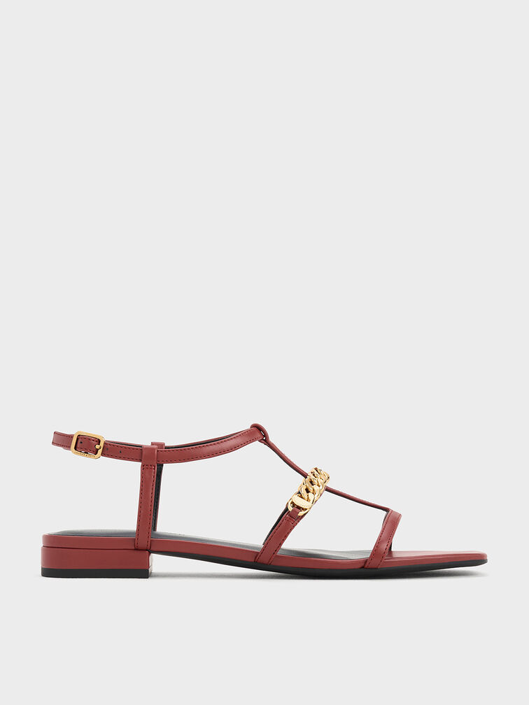 T-Bar Chain-Link Sandals, Red, hi-res