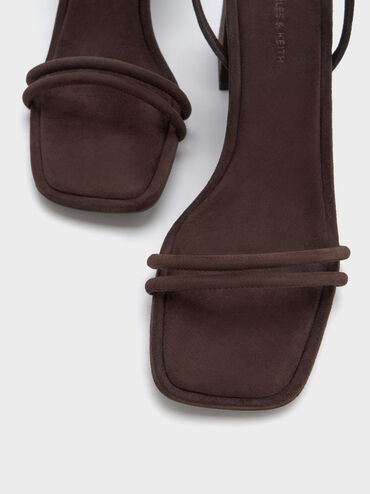 Faux Suede Strappy Trapeze-Heel Sandals, Dark Brown Textured, hi-res