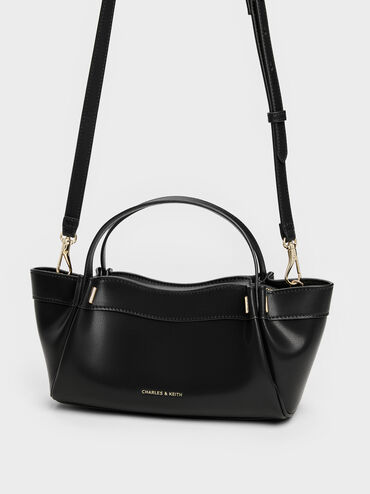 Clarice Pleated Double-Handle Tote Bag, Black, hi-res