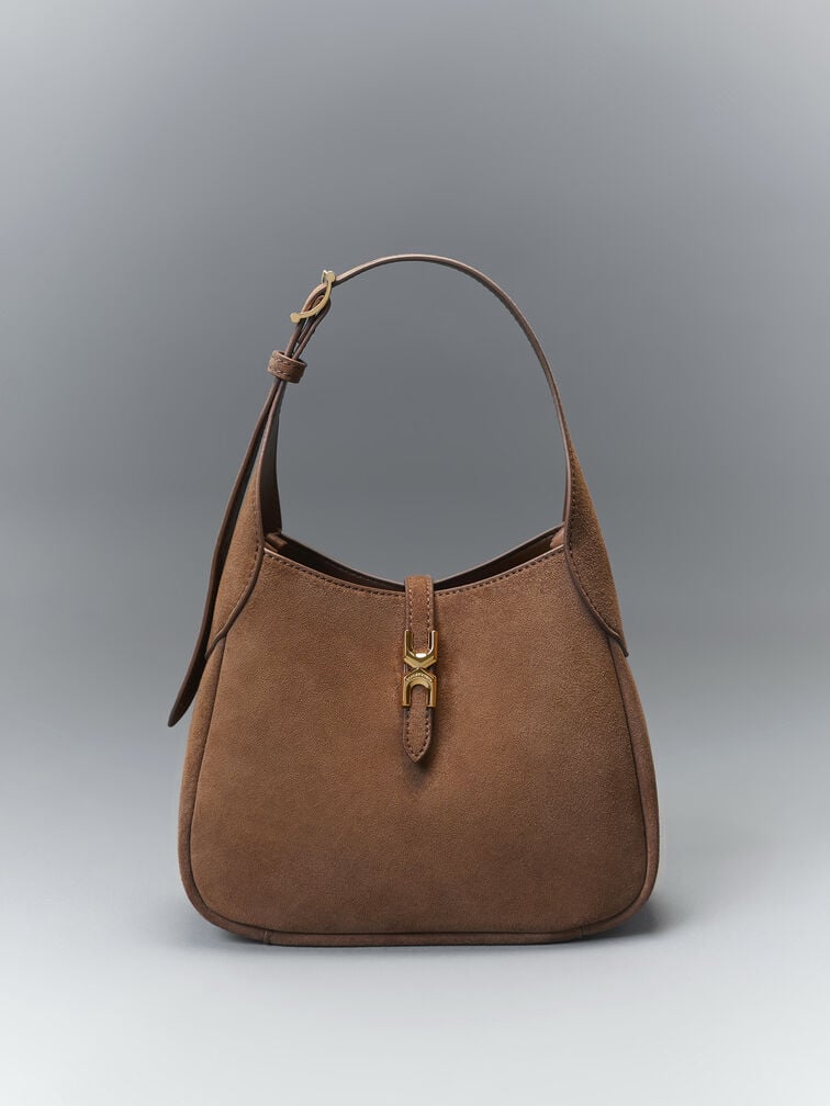 Mini Adalyn Recycled Suede Metallic-Buckle Belted Hobo Bag, Mocha Brown, hi-res