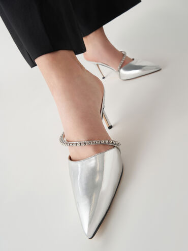 Gem-Encrusted Metallic Stiletto Mules, Silver, hi-res
