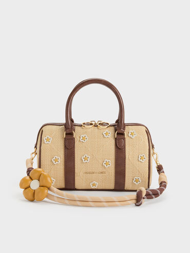 Philomena Raffia Flower Bowling Bag, Beige, hi-res