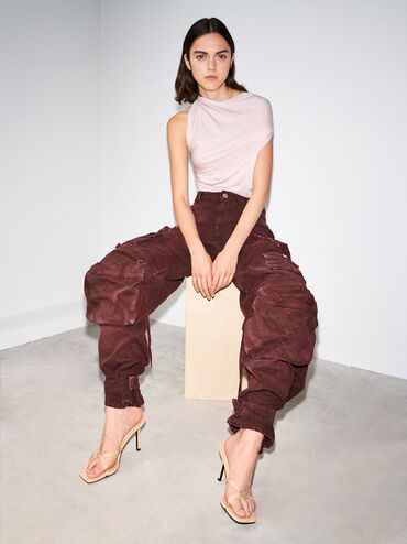 Crossover-Strap Stiletto-Heel Sandals, Nude, hi-res