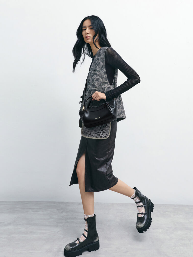 Clarice Pleated Double-Handle Tote Bag, Black, hi-res