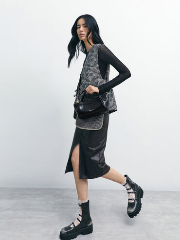 Clarice Pleated Double-Handle Tote Bag, Black, hi-res