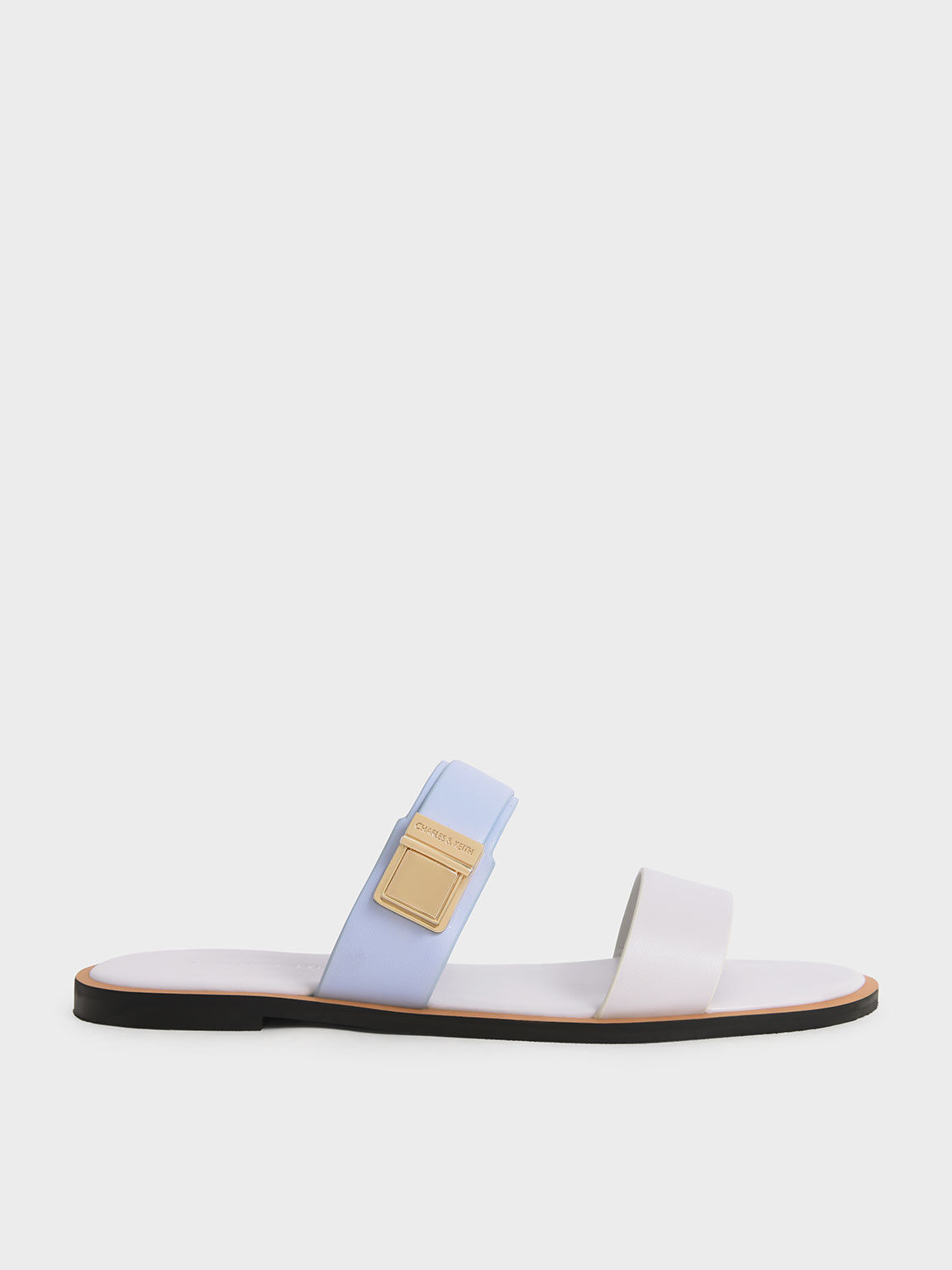 Metallic Buckle Slide Sandals, Light Blue, hi-res
