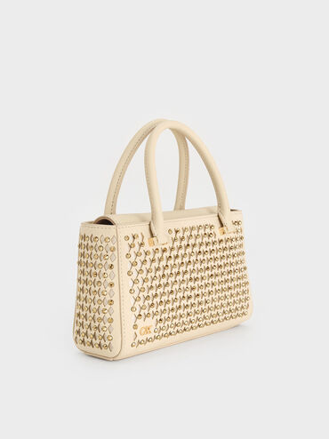 Suede & Leather Studded Cut-Out Tote Bag, Cream, hi-res