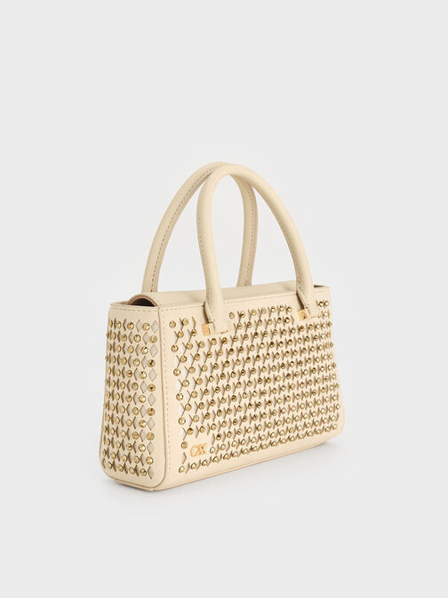 Suede & Leather Studded Cut-Out Tote Bag, Cream, hi-res