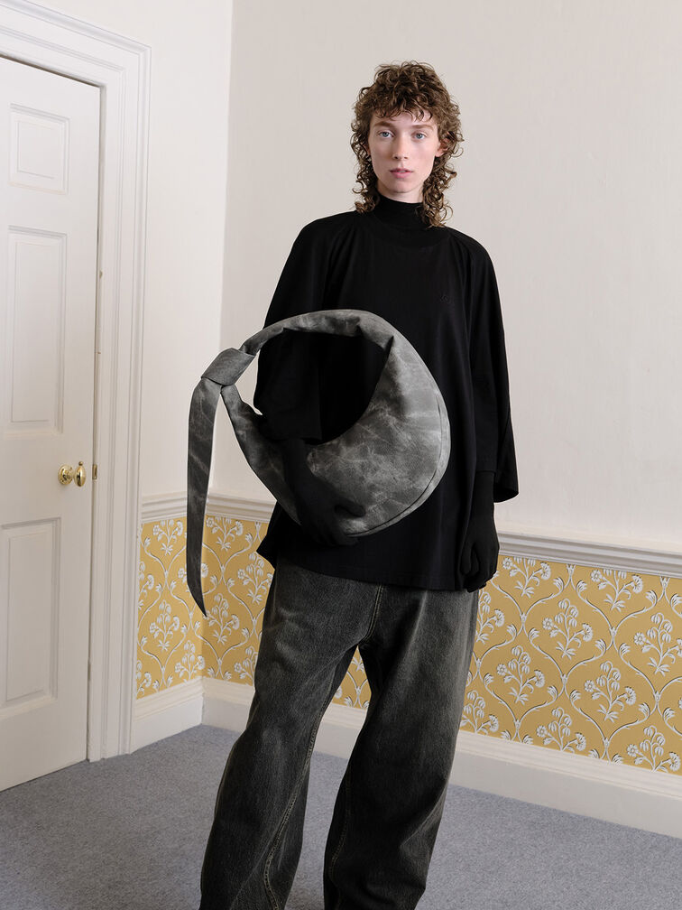 Toni Denim Knotted Crescent Hobo Bag, Dark Grey, hi-res