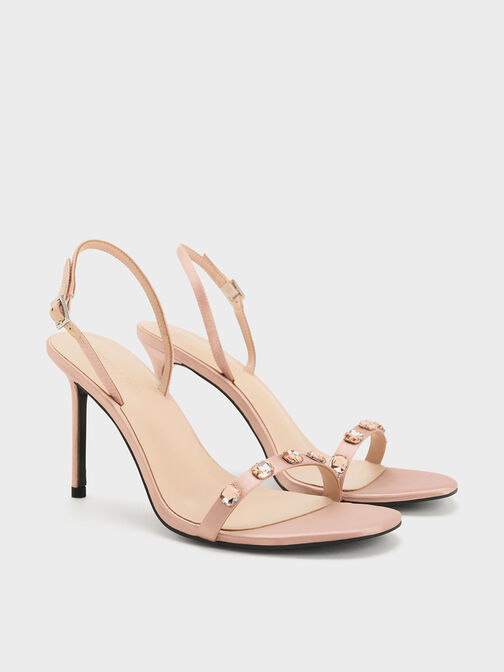 Recycled Polyester Gem-Embellished Heeled Slingback Sandals, Pink, hi-res