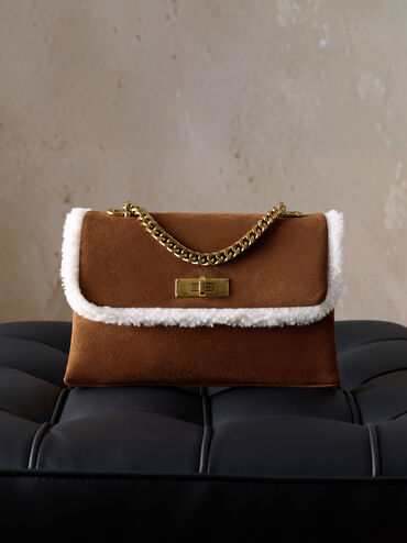 Kerry Recycled Suede & Faux Shearling Chain-Handle Crossbody Bag, Sienna Brown, hi-res