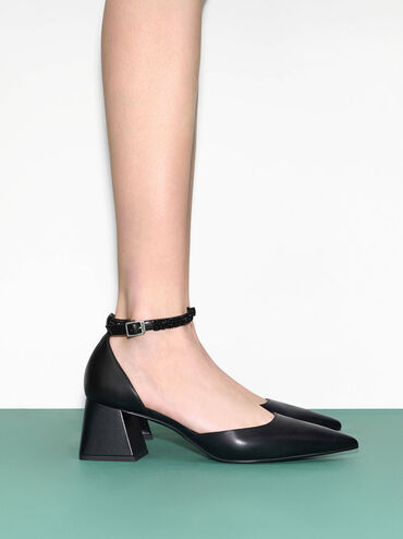 Beaded Ankle-Strap D'Orsay Pumps, Black, hi-res