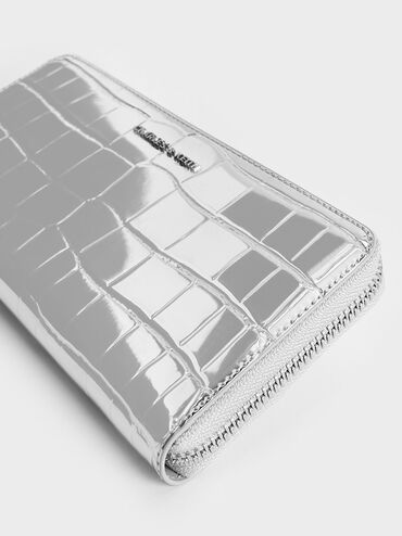 Metallic Croc-Effect Zip-Around Long Wallet, Silver, hi-res