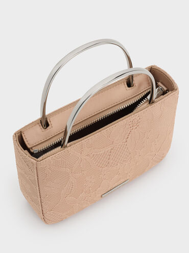 Jennis Lace & Satin Top Handle Bag, Nude Textured, hi-res