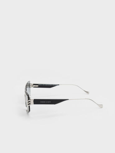 Metallic-Rimmed Geometric Sunglasses, Black, hi-res