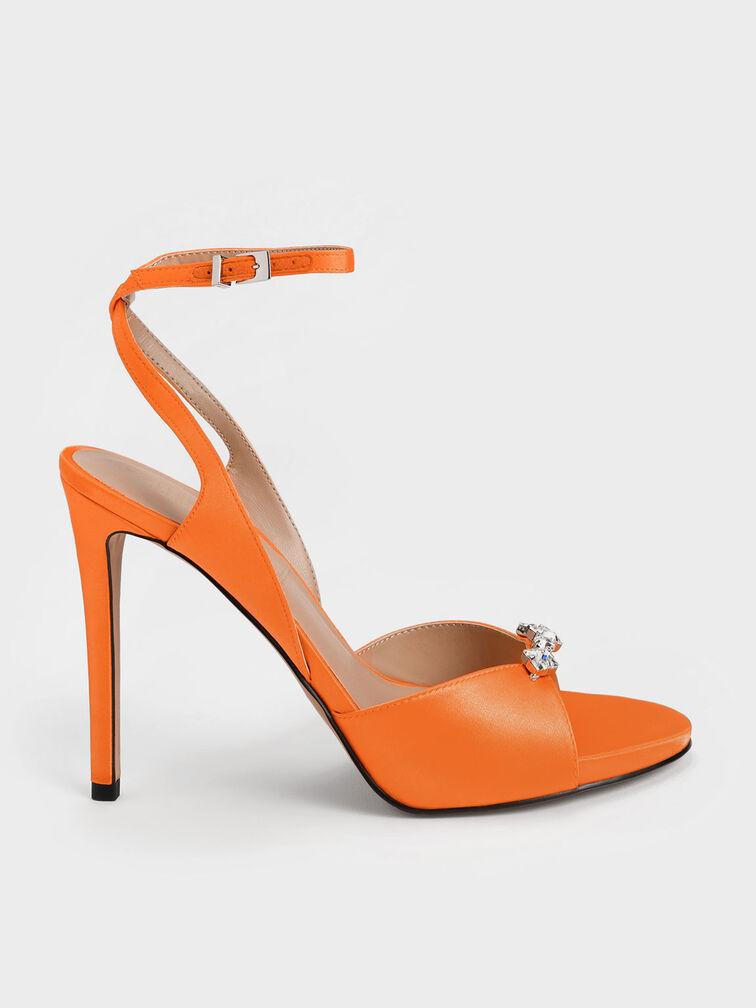 Metallic Gem-Encrusted Ankle Strap Sandals, Orange, hi-res