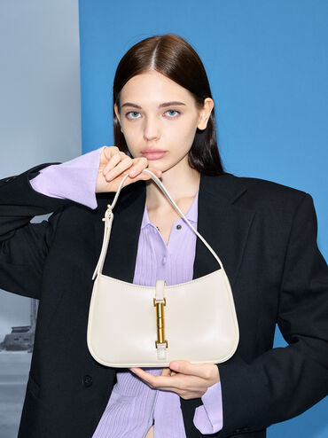 Cesia Metallic Accent Shoulder Bag, Cream, hi-res