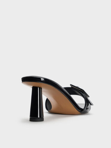 Patent Buckle-Strap Heeled Mules, Black Patent, hi-res