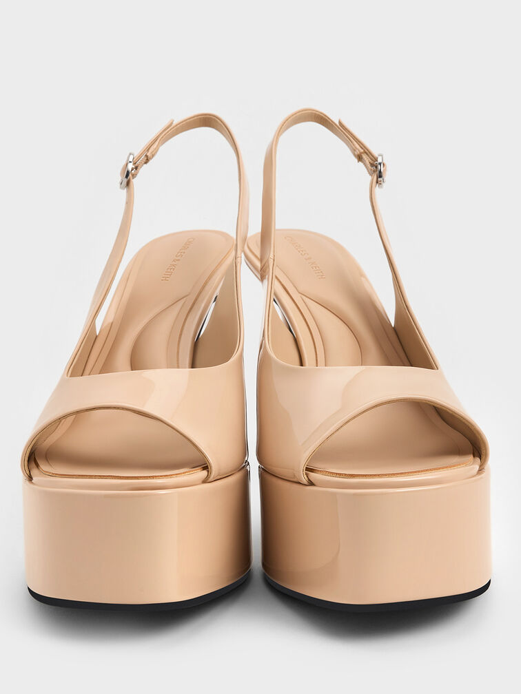 Patent Peep-Toe Stiletto-Heel Platform Sandals, Nude, hi-res
