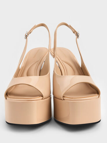 Patent Peep-Toe Stiletto-Heel Platform Sandals, Nude, hi-res