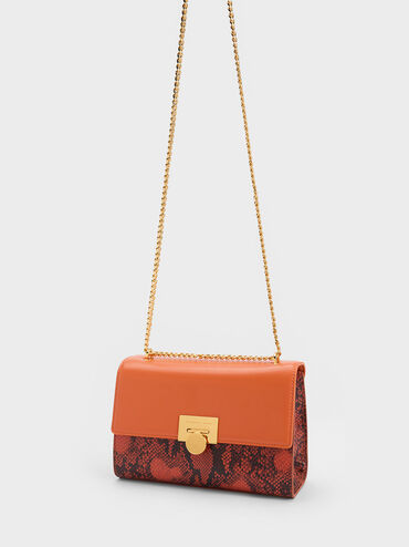 Snake Print Metallic Accent Clutch, Orange, hi-res