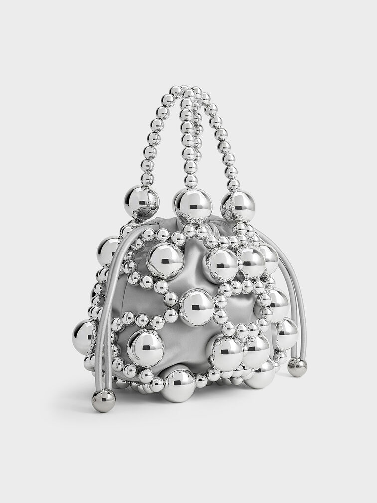 Metallic Beaded Top Handle Bag, Silver, hi-res