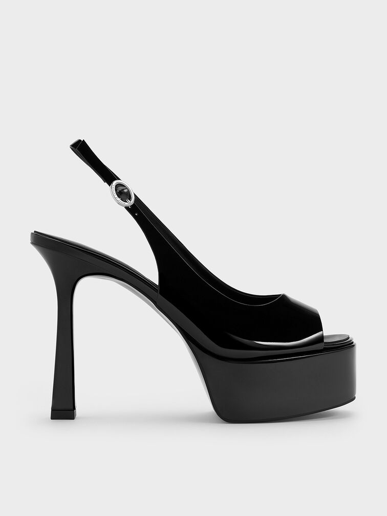 Patent Peep-Toe Stiletto-Heel Platform Sandals, Black Patent, hi-res