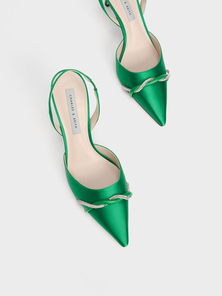 Twist Detail Satin Slingback Pumps, Green, hi-res