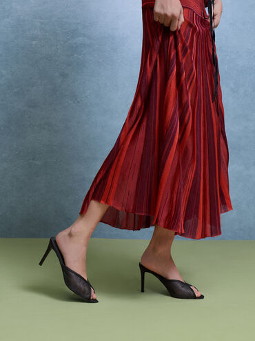 Glittered Mesh Peep-Toe Heeled Mules, Black Textured, hi-res