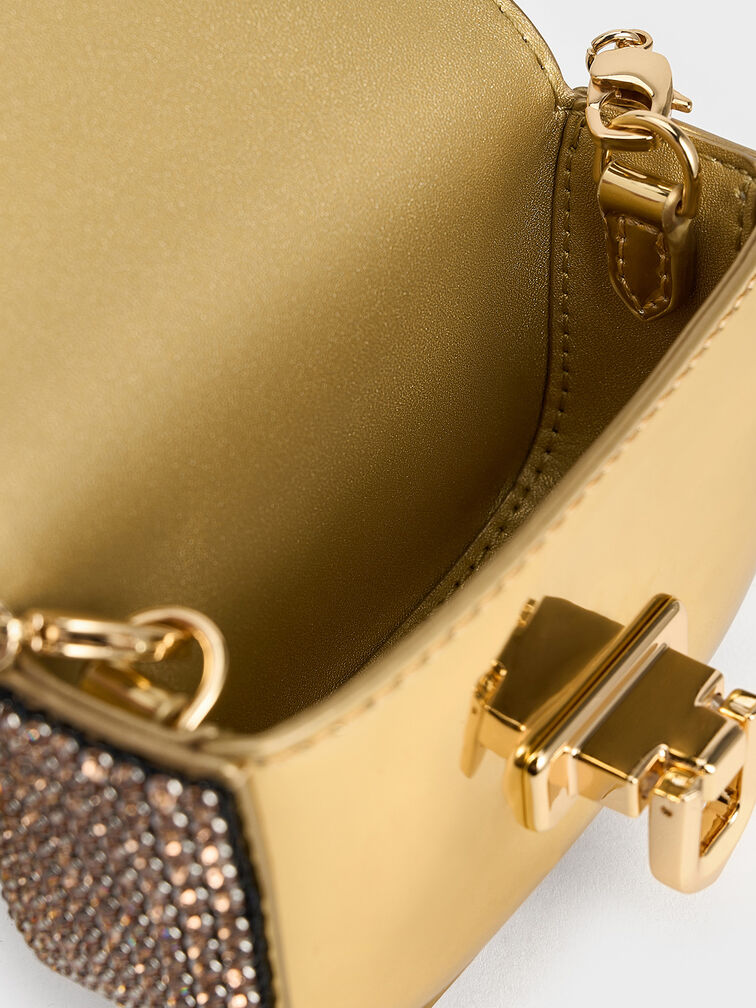 Crystal-Embellished Turn-Lock Mini Bag, Gold, hi-res
