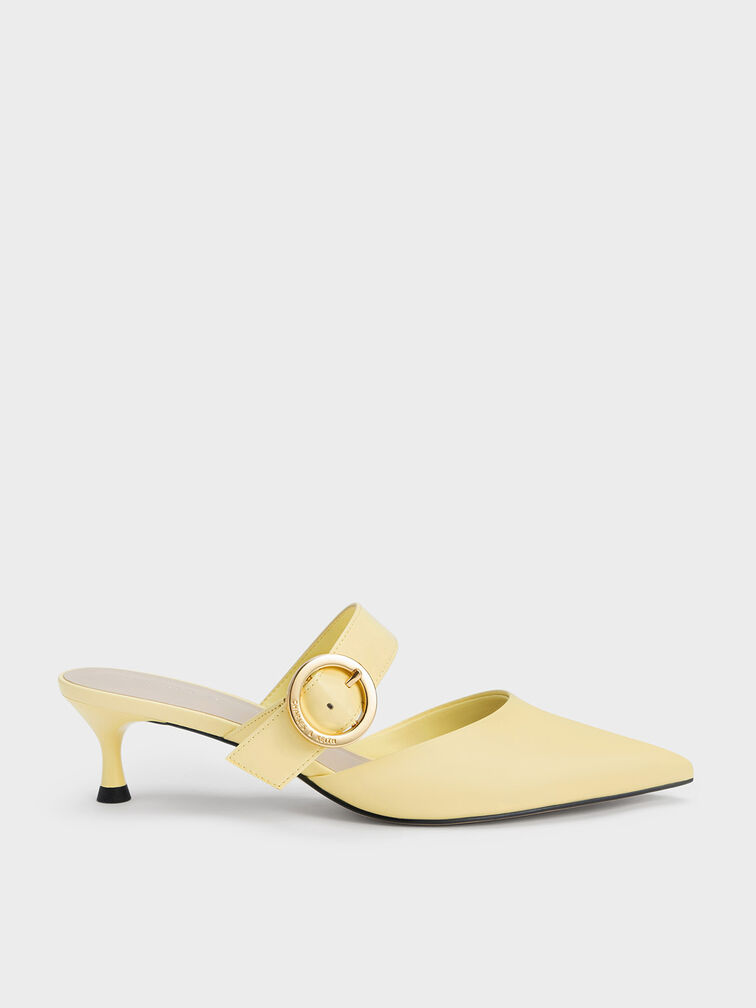 Buckled Strap Spool Heel Mules, Yellow, hi-res