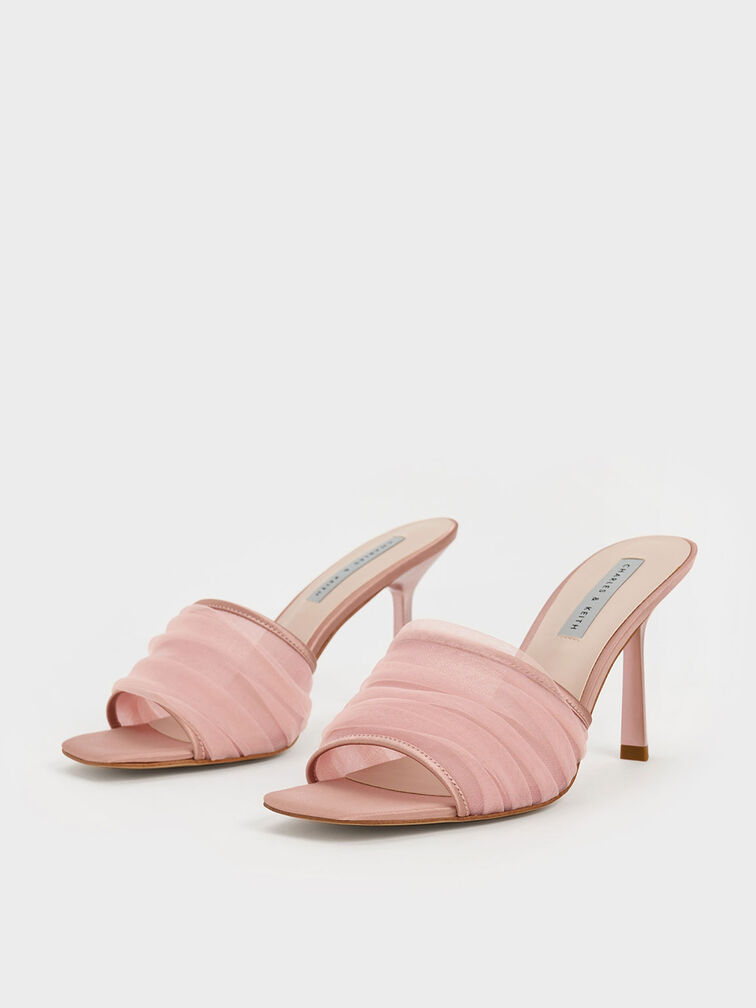 Recycled Polyester & Chiffon Ruched Heeled Mules, Nude, hi-res