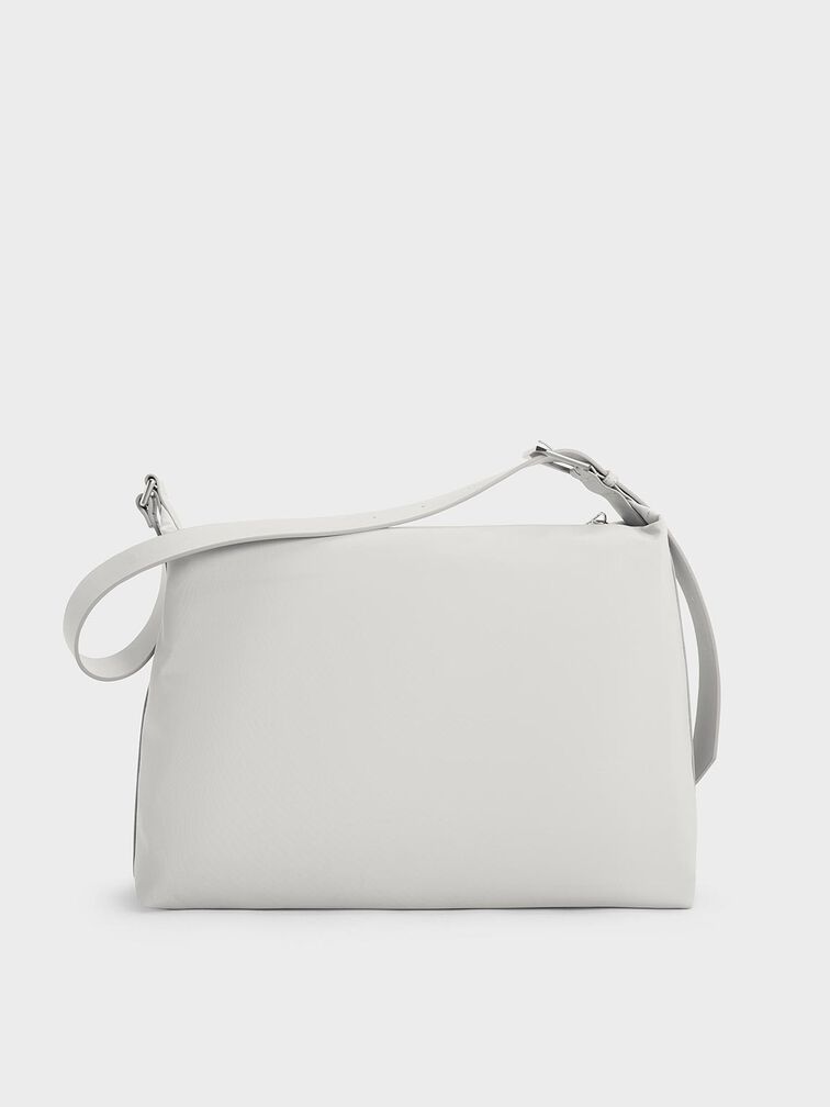 Nylon Chain-Link Slouchy Shoulder Bag, Light Grey, hi-res
