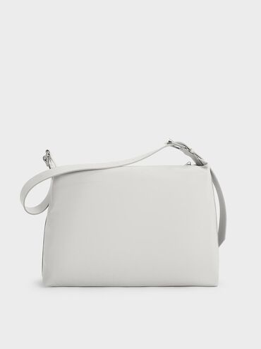 Nylon Chain-Link Slouchy Shoulder Bag, Light Grey, hi-res