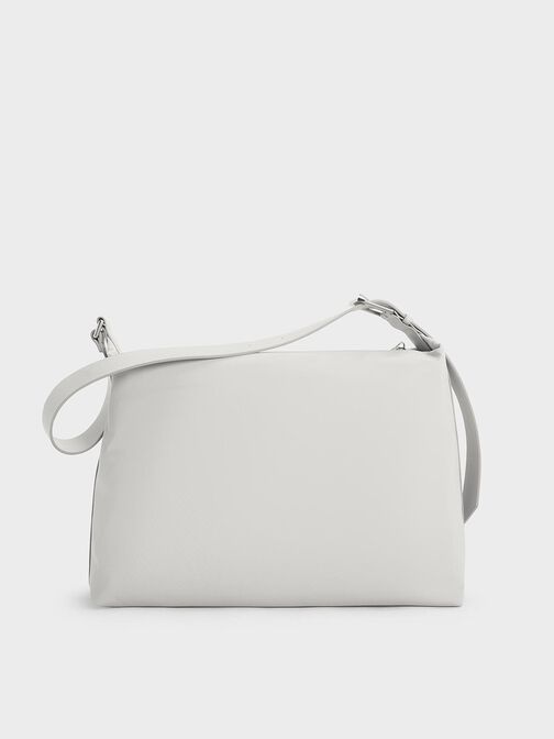 Nylon Chain-Link Slouchy Shoulder Bag, Light Grey, hi-res