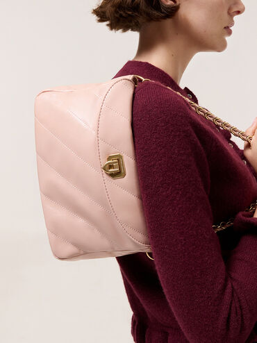 Fawn Panelled Front Flap Chain-Handle Bag, Light Pink, hi-res