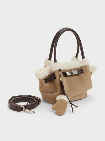 Mini Cosima Fur-Trim Tote Bag, Sand, hi-res