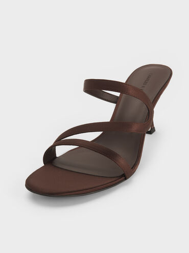 Arden Satin Wavy Heeled Mules, Dark Brown Textured, hi-res