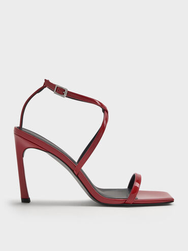 Patent Strappy Ankle-Strap Heeled Sandals, Red, hi-res