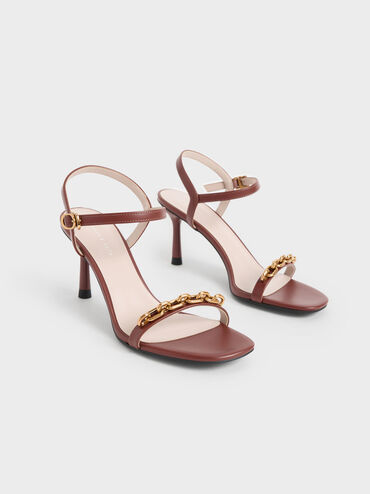 Chain Link Heeled Sandals, Brown, hi-res