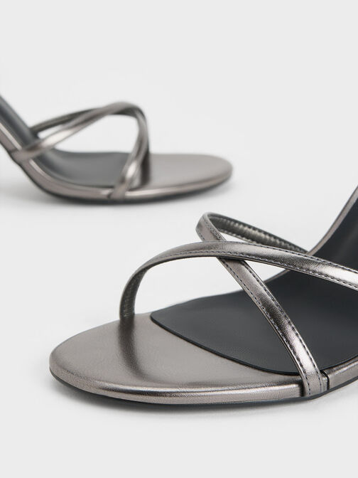 Metallic Crossover-Strap Heeled Sandals, Pewter, hi-res